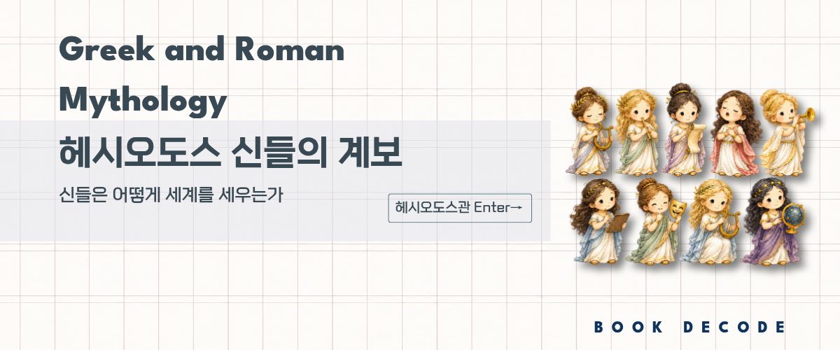 악기와 두루마리, 가면을 든 무사이 여신들로 신들의 계보와 세계의 질서를 표현한 헤시오도스관 배너 이미지